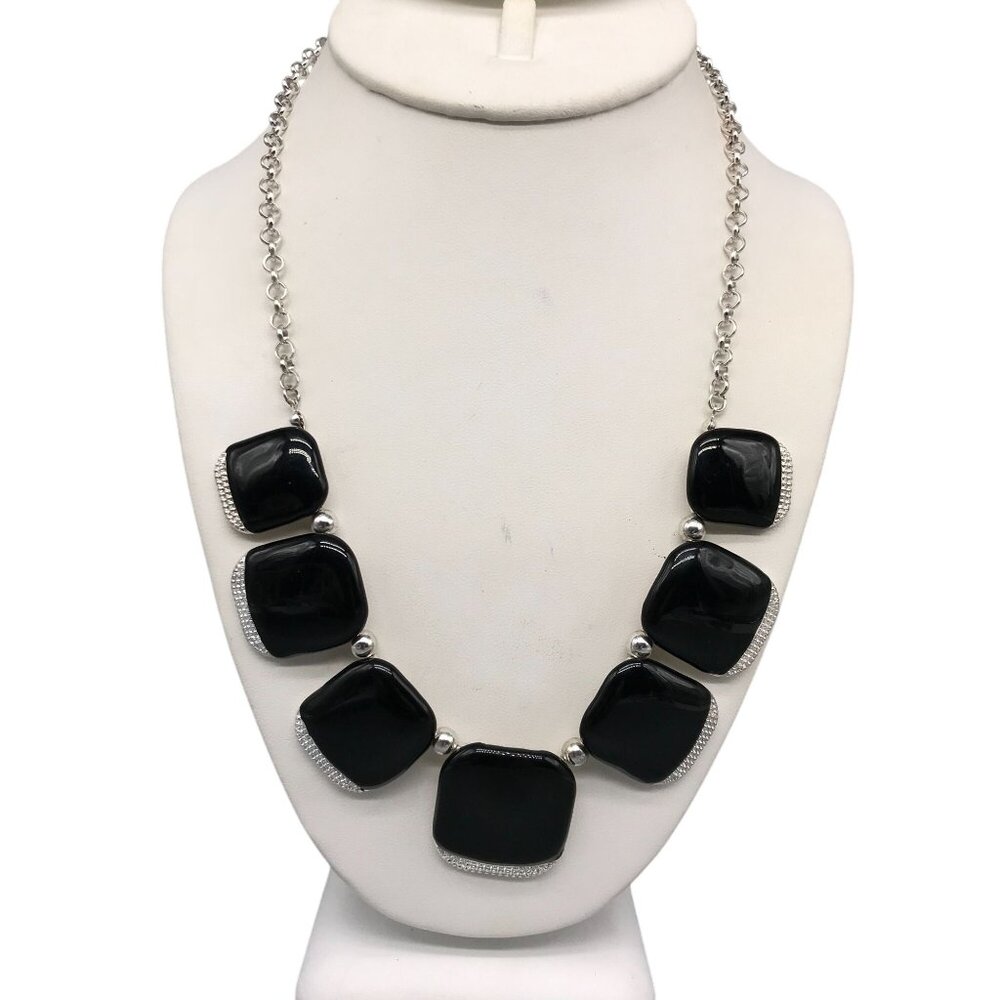 Vintage Graduated Black Enamel Bib Necklace in Silver Tone with Granulated Botto